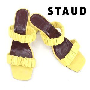 STAUD Frankie Ruched Leather Heeled Sandals Mules Wallflower Yellow EU 40 US 10